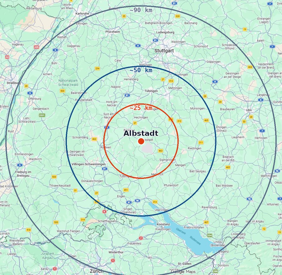 Karte: Einsatzradius von ZIP Kammerjäger ausgehend von Albstadt, ca. 25/50/90 km